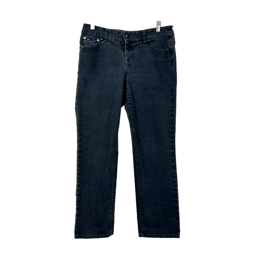 Style &‎ Co Jeans Women 8 Black Dark Wash Embellished Pocket  Straight Leg Denim
